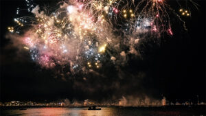 Cannes cinematic Fireworks Festival in the sea at night - Starpik Stock