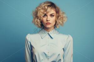 A blonde woman dressed in light blue from the 90s on a blue background - Starpik
