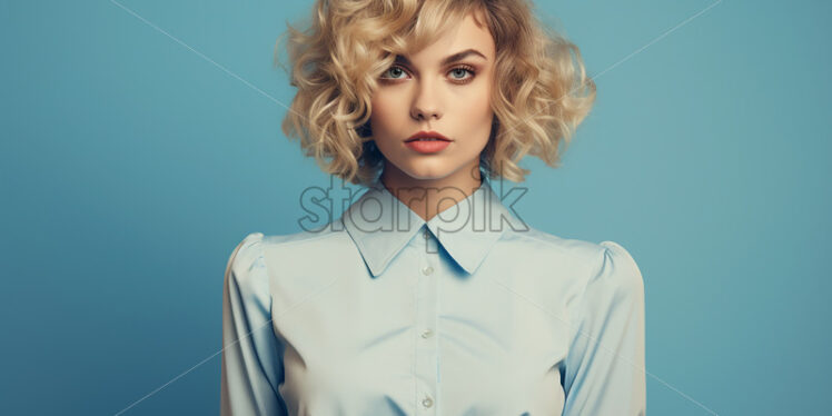 A blonde woman dressed in light blue from the 90s on a blue background - Starpik