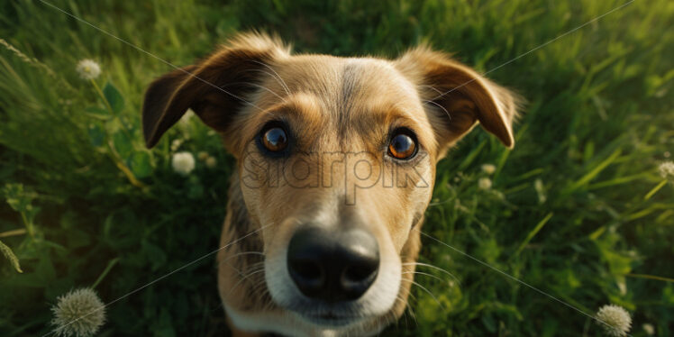 A dog in the grass looking up at the camera - Starpik