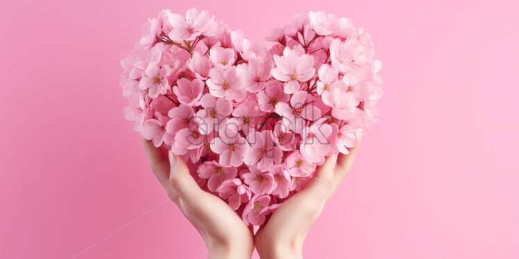 A hand holding heart-shaped flowers on a pastel background - Starpik