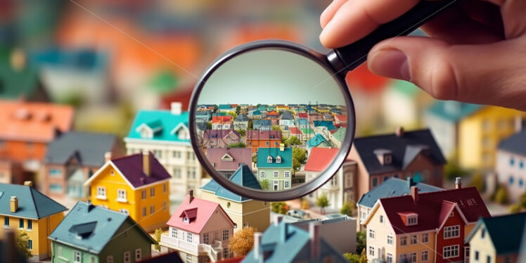 A hand holds a magnifying glass that magnifies a background full of models of small houses. - Starpik