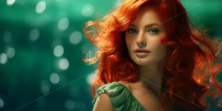 A red-haired woman dressed in green on a green background, in the style of the 70s - Starpik