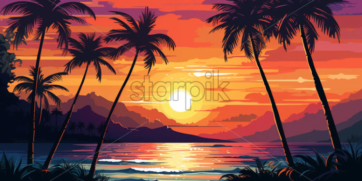 A sunset among palm trees on the seashore, vector drawing - Starpik