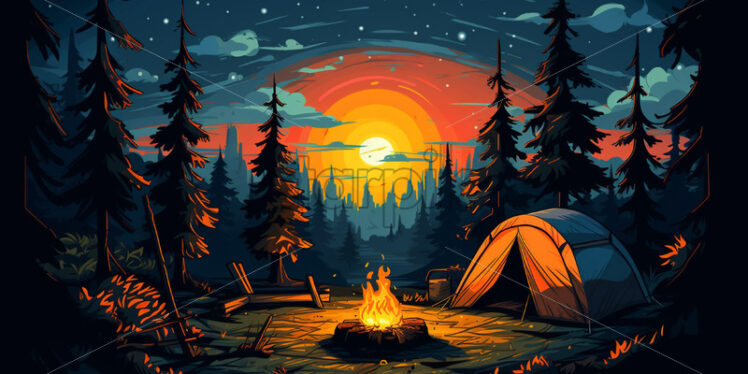 A tent and a fire in the forest, vector illustration - Starpik