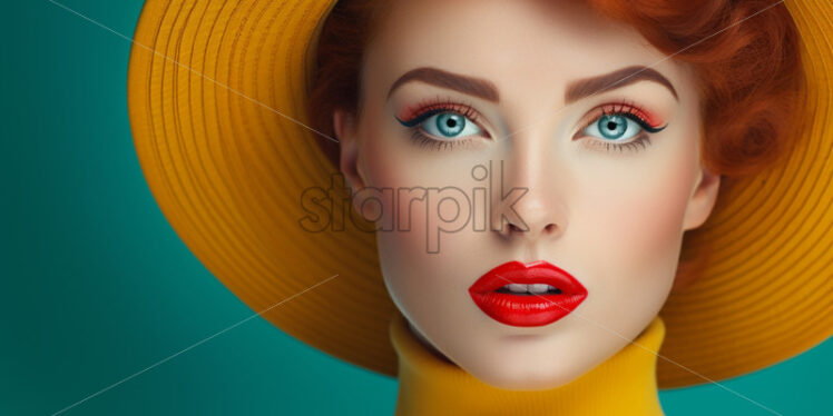 Beautiful woman in yellow hat over blue backgrounds - Starpik