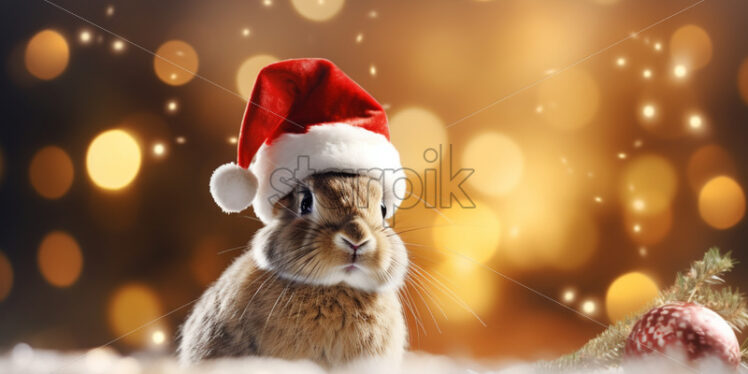 Christmas rabbit with Santa Klaus red hat in snow and toys - Starpik