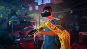 Teen doing experiments in robotics arm in a laboratory. Boy in VR headset controlling the robot using hand. Red and blue illumination. Slow motion, virtual reality - Starpik Stock