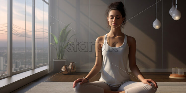 Woman meditating in yoga pose in a a modern studios - Starpik