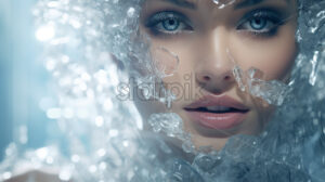 Woman with blue eyes close up covered in transparent ice - Starpik