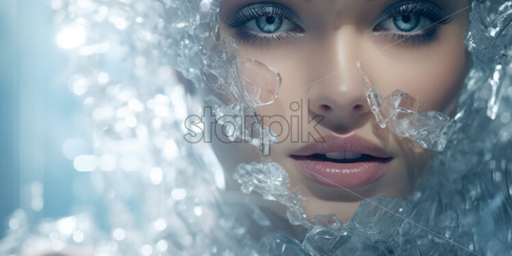 Woman with blue eyes close up covered in transparent ice - Starpik