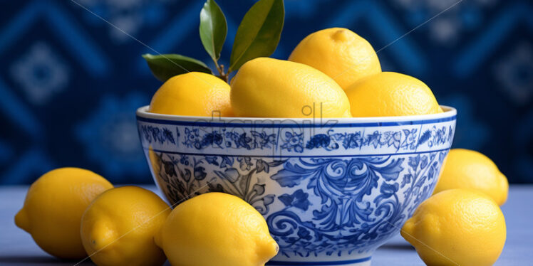 bowl of lemons in blue colors, traditional vintage patterns - Starpik
