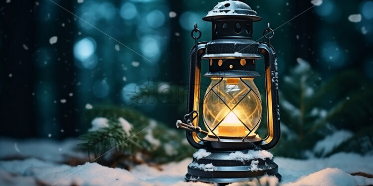 A Christmas lantern in a forest on snow - Starpik Stock