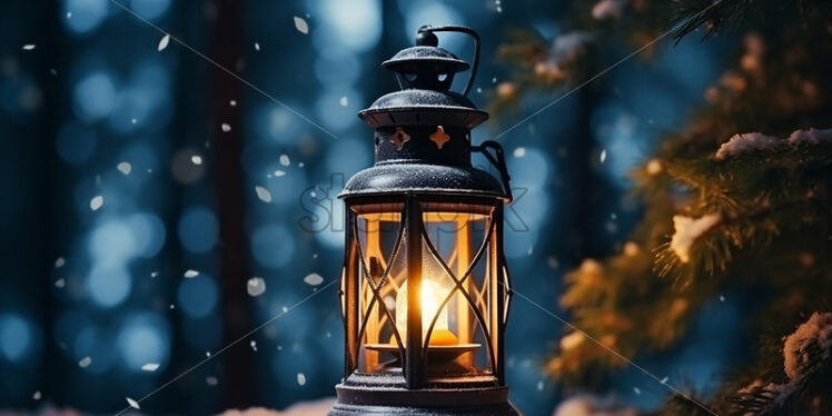 A Christmas lantern in a forest on snow - Starpik Stock