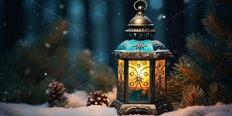 A Christmas lantern in a forest on snow - Starpik Stock