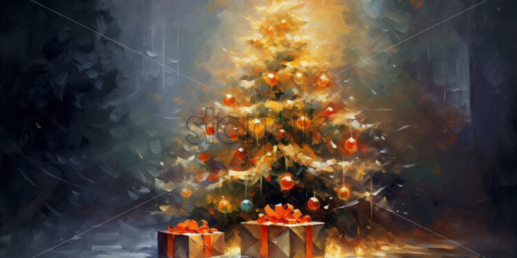 A Christmas tree with toys, painting in impressionism style - Starpik Stock