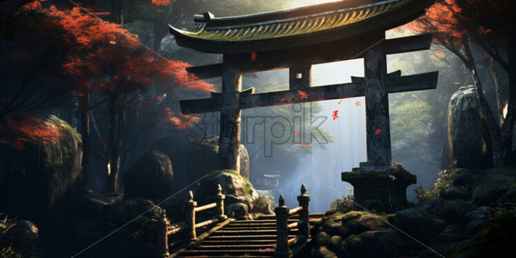 A Japanese gate in the middle of a forest - Starpik Stock