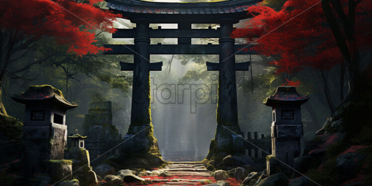 A Japanese gate in the middle of a forest - Starpik Stock