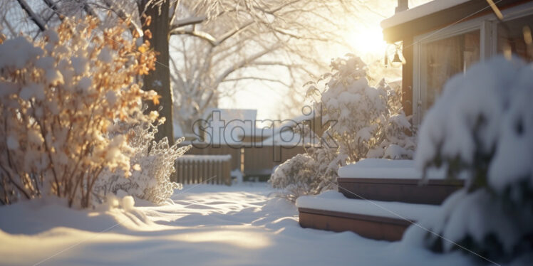 A backyard of a house full of snow - Starpik Stock