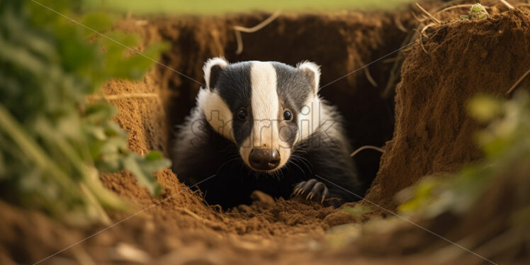 A badger poking its head out of its burrow - Starpik Stock