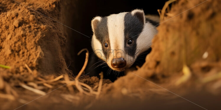 A badger poking its head out of its burrow - Starpik Stock