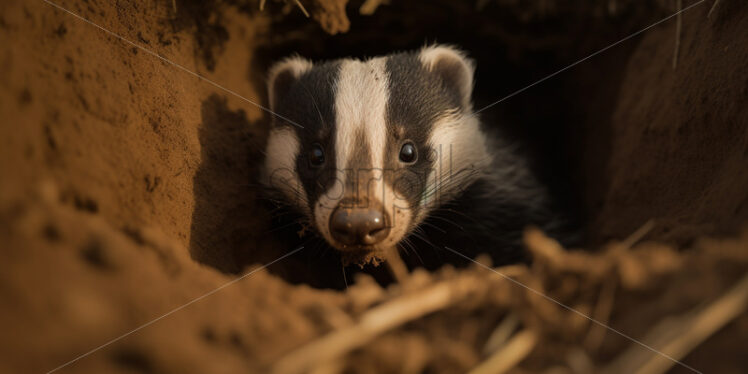 A badger poking its head out of its burrow - Starpik Stock