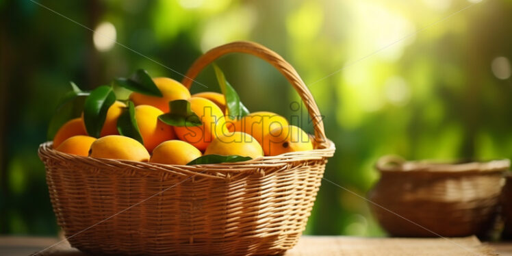 A basket of sweet mangoes on the background of an orchard - Starpik Stock