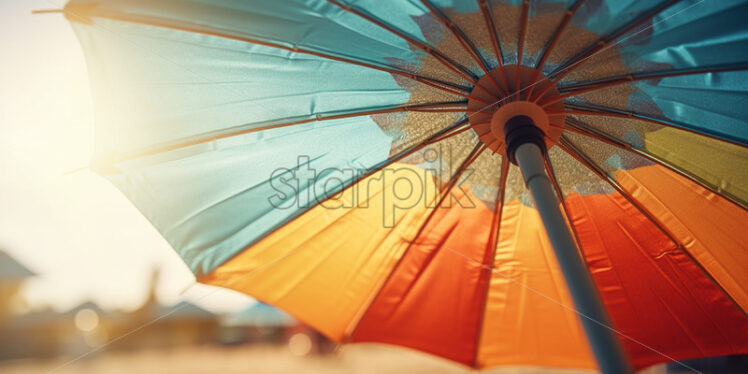 A beach color umbrella on the shore of an ocean - Starpik Stock