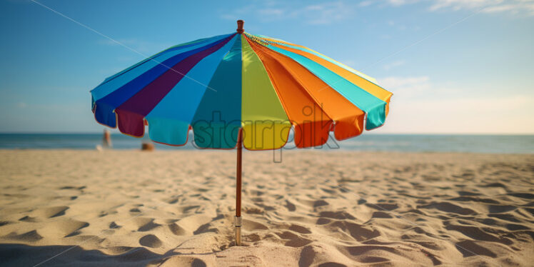 A beach color umbrella on the shore of an ocean - Starpik Stock