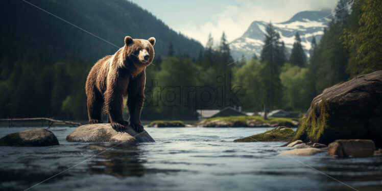 A bear on the bank of a river in the mountains - Starpik Stock