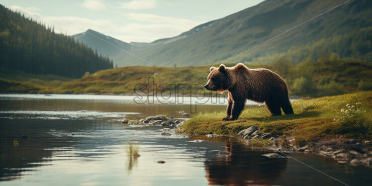 A bear on the bank of a river in the mountains - Starpik Stock