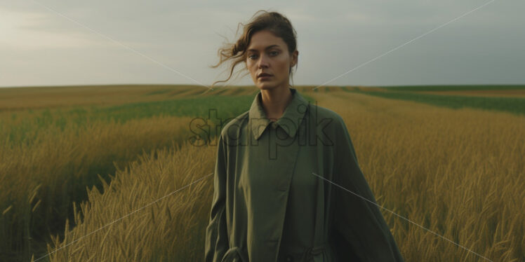 A beautiful girl in green clothes on the background of a field - Starpik Stock