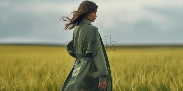 A beautiful girl in green clothes on the background of a field - Starpik Stock