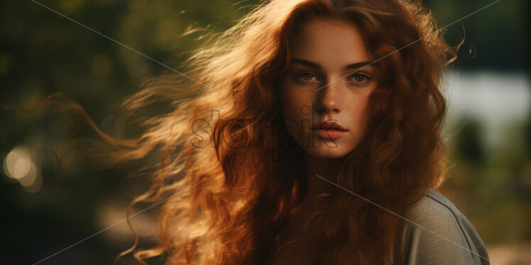 A beautiful girl with red hair in nature - Starpik Stock