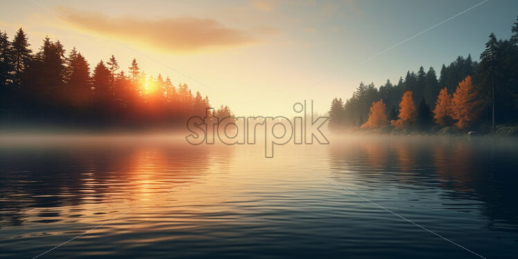 A beautiful lake with fog, peace and quiet - Starpik Stock