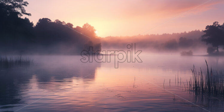 A beautiful lake with fog, peace and quiet - Starpik Stock