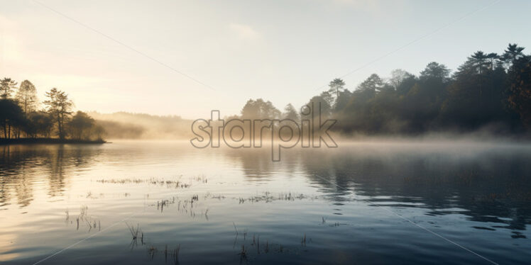 A beautiful lake with fog, peace and quiet - Starpik Stock