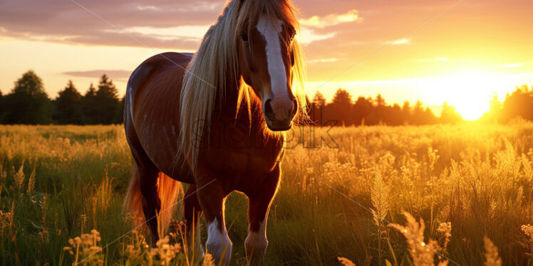 A beautiful red horse, grazing in a field - Starpik Stock