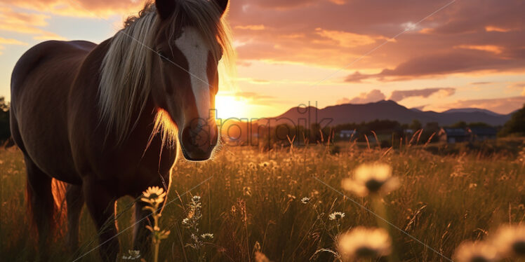 A beautiful red horse, grazing in a field - Starpik Stock