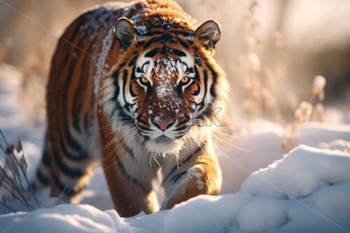 A beautiful tiger walks through the snow - Starpik Stock