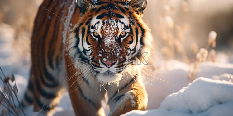 A beautiful tiger walks through the snow - Starpik Stock