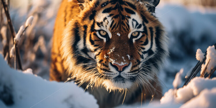 A beautiful tiger walks through the snow - Starpik Stock