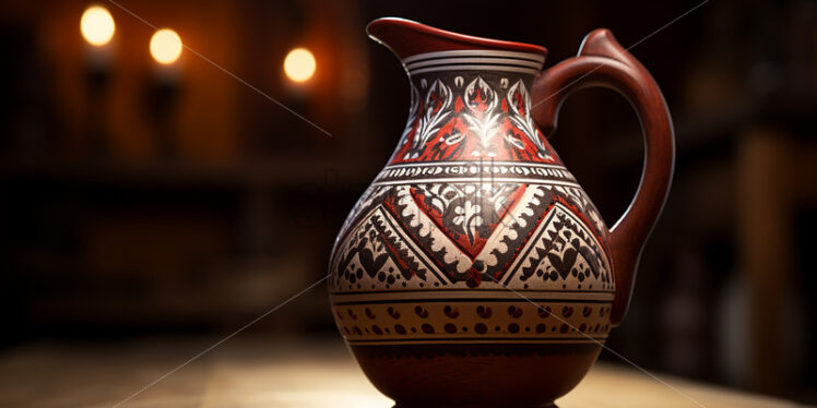 A beautifully ornate clay jug on a wooden table - Starpik Stock