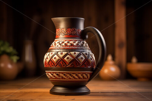 A beautifully ornate clay jug on a wooden table - Starpik Stock