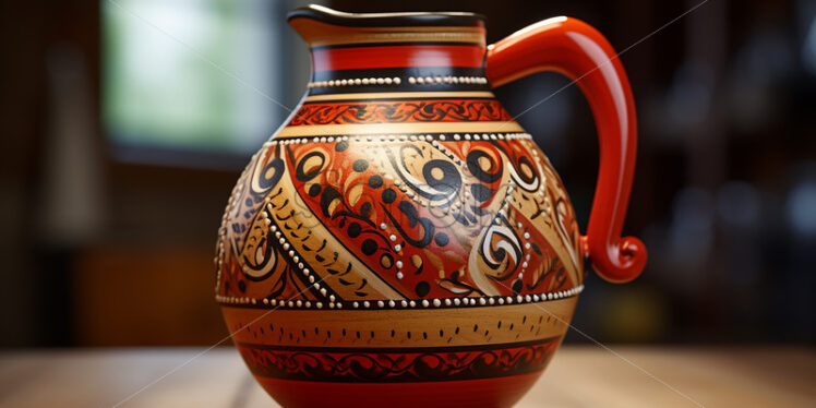 A beautifully ornate clay jug on a wooden table - Starpik Stock