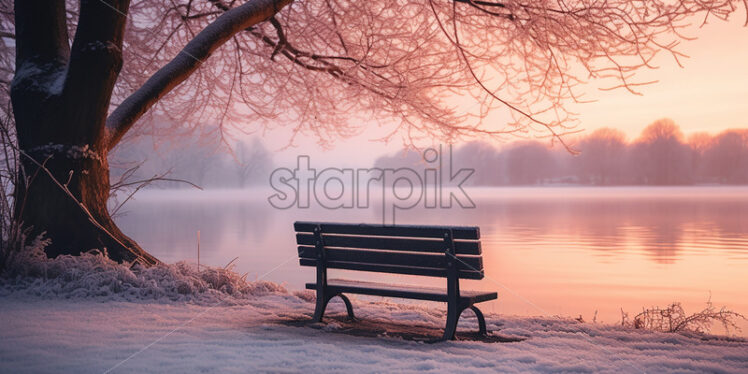 A bench by a lake in winter - Starpik Stock