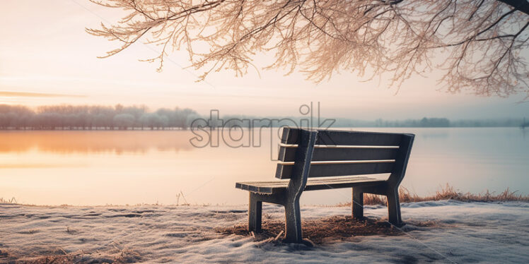 A bench by a lake in winter - Starpik Stock