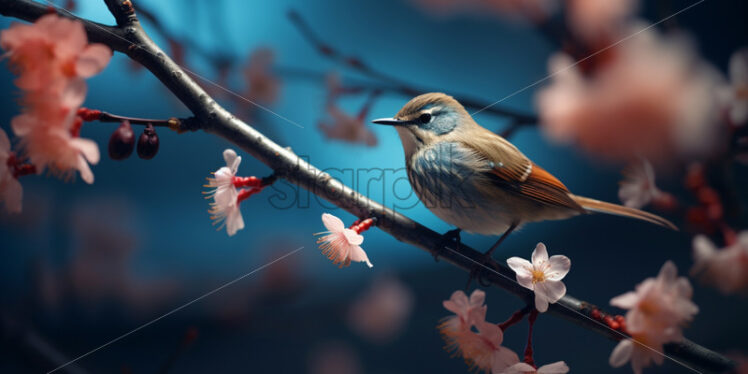 A bird on a branch with flowers - Starpik Stock