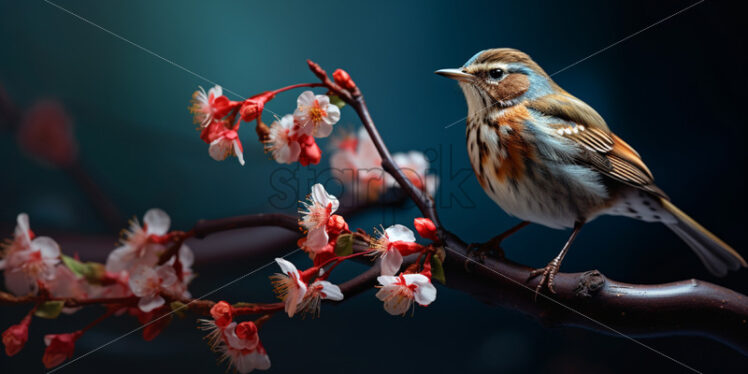 A bird on a branch with flowers - Starpik Stock