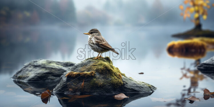 A bird on a stone in the middle of a lake - Starpik Stock